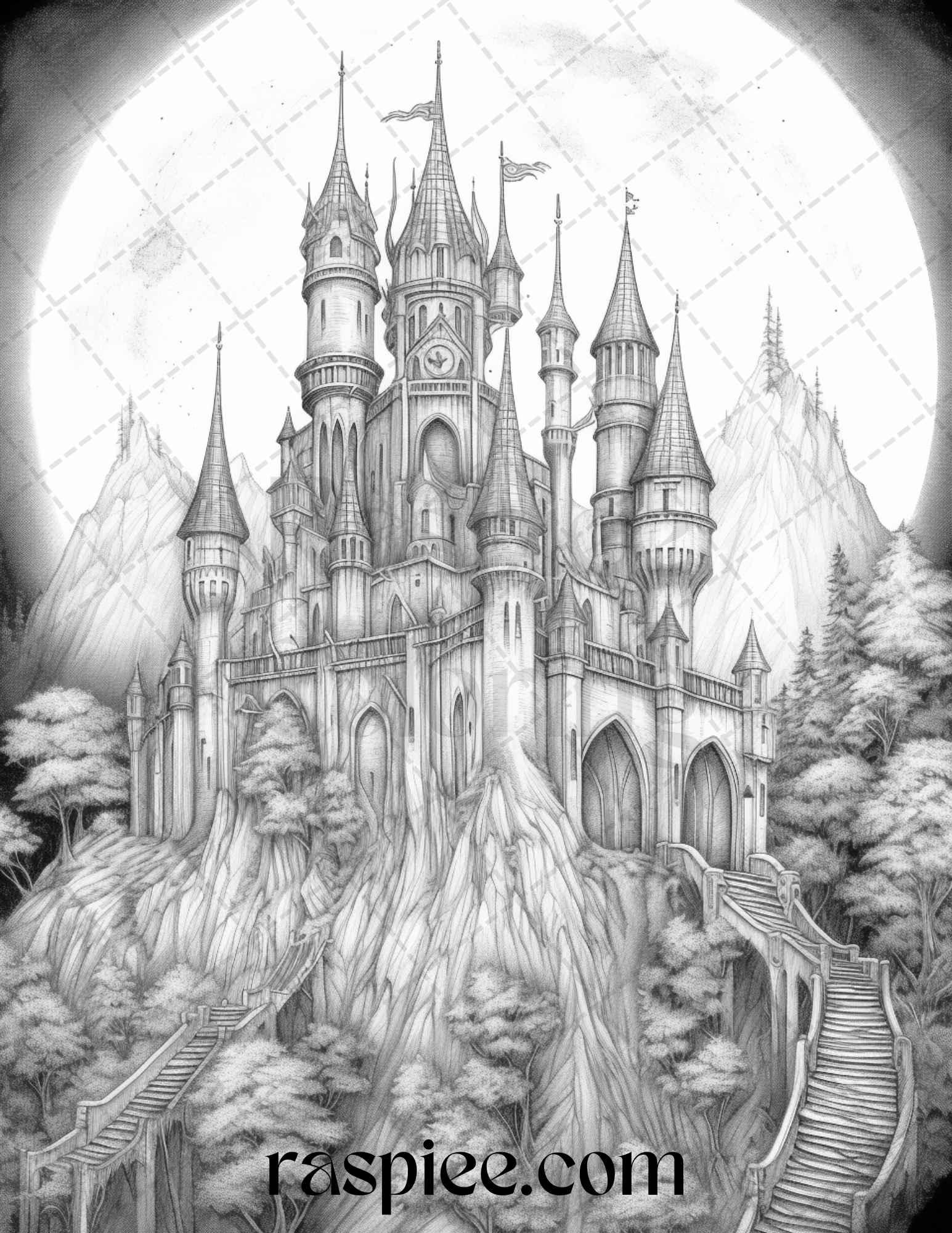50 Haunted Castles Grayscale Coloring Pages Printable, Halloween Coloring Book, PDF File Instant Download