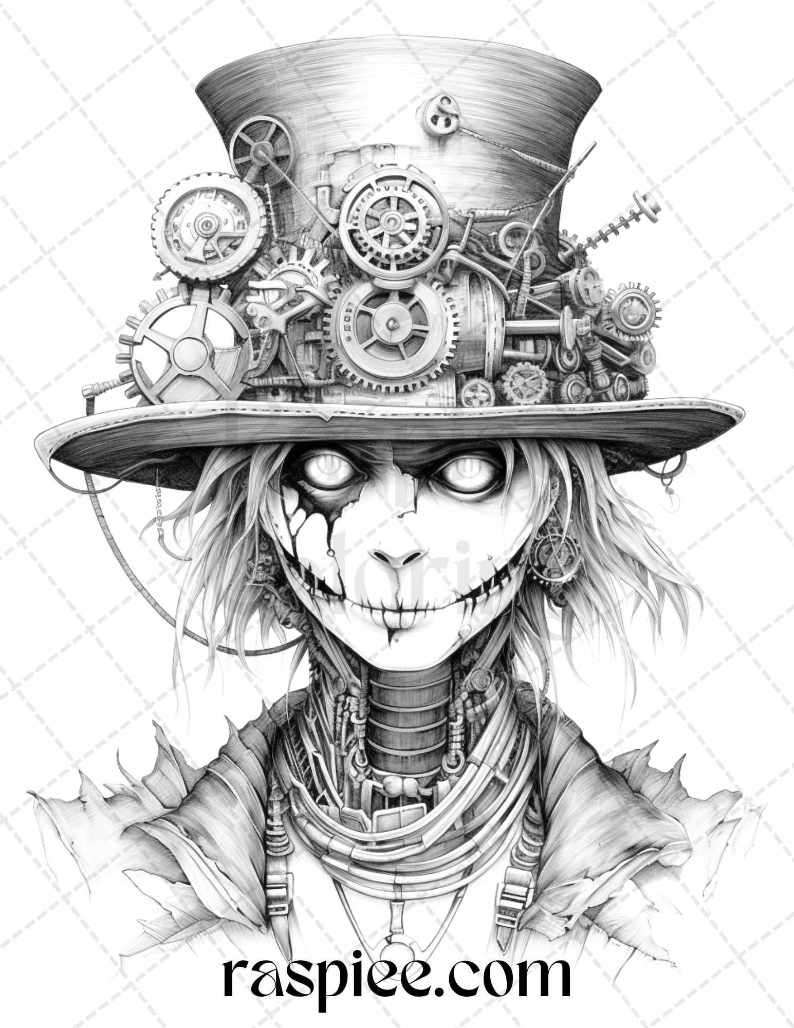 53 Scary Steampunk Scarecrows Grayscale Coloring Pages Printable for Adults, PDF File Instant Download