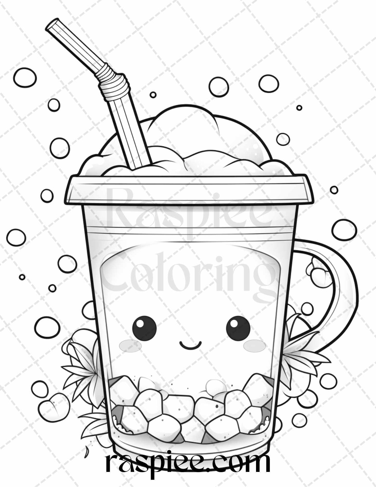 50 Cute Kawaii Boba Tea Grayscale Coloring Pages for Adults and Kids, Printable PDF File Instant Download