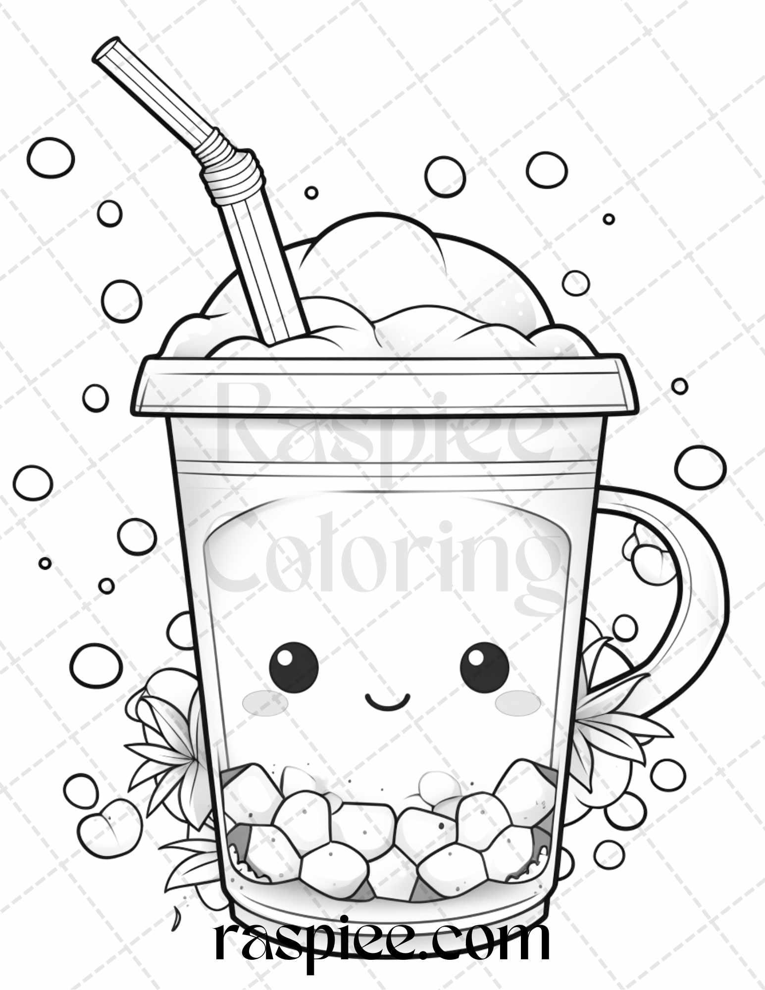 50 Cute Kawaii Boba Tea Grayscale Coloring Pages for Adults and Kids, Printable PDF File Instant Download
