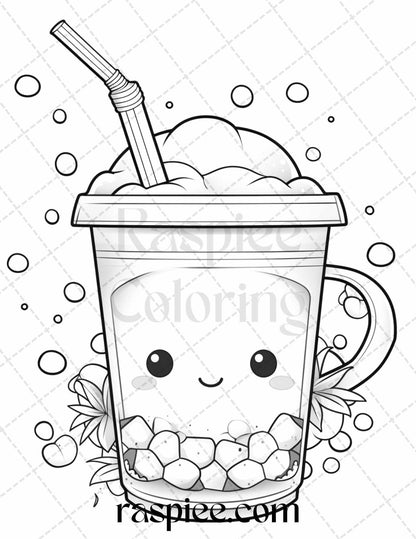 50 Cute Kawaii Boba Tea Grayscale Coloring Pages for Adults and Kids, Printable PDF File Instant Download