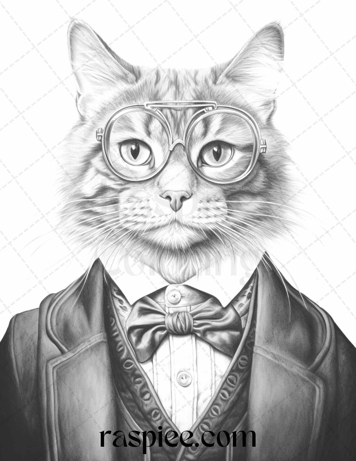 Gentleman Cat Grayscale Coloring Pages Printable for Adults Kids, PDF File Instant Download