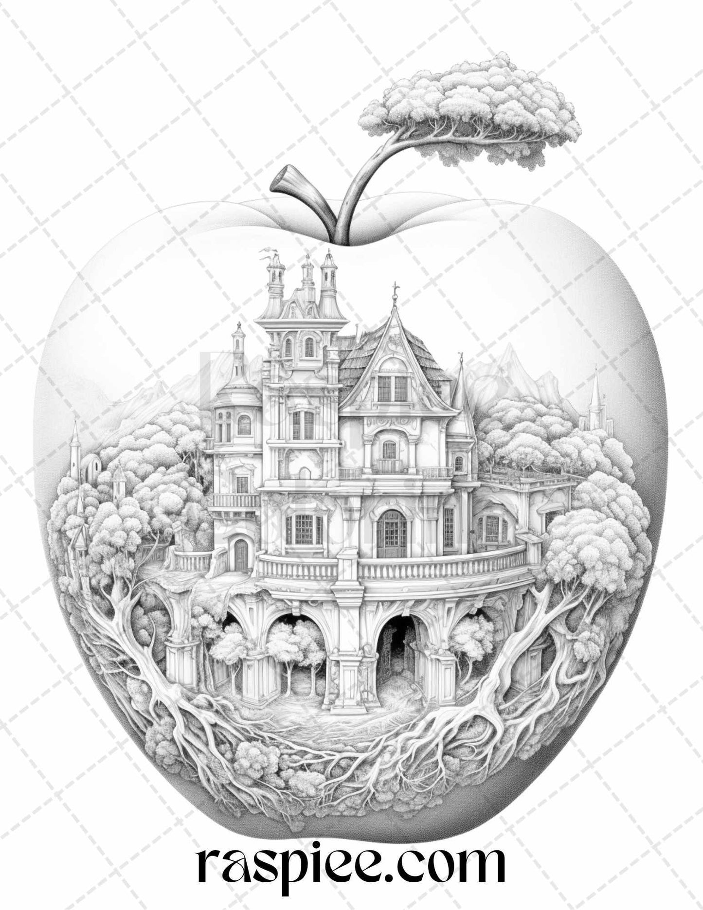 60 Miniworld in the Apple Grayscale Coloring Pages Printable for Adults, PDF File Instant Download