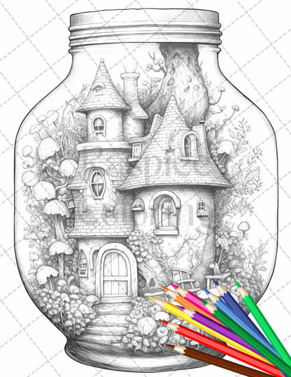 Fairy House in Jar Grayscale Coloring Pages Printable for Adults, PDF File Instant Download