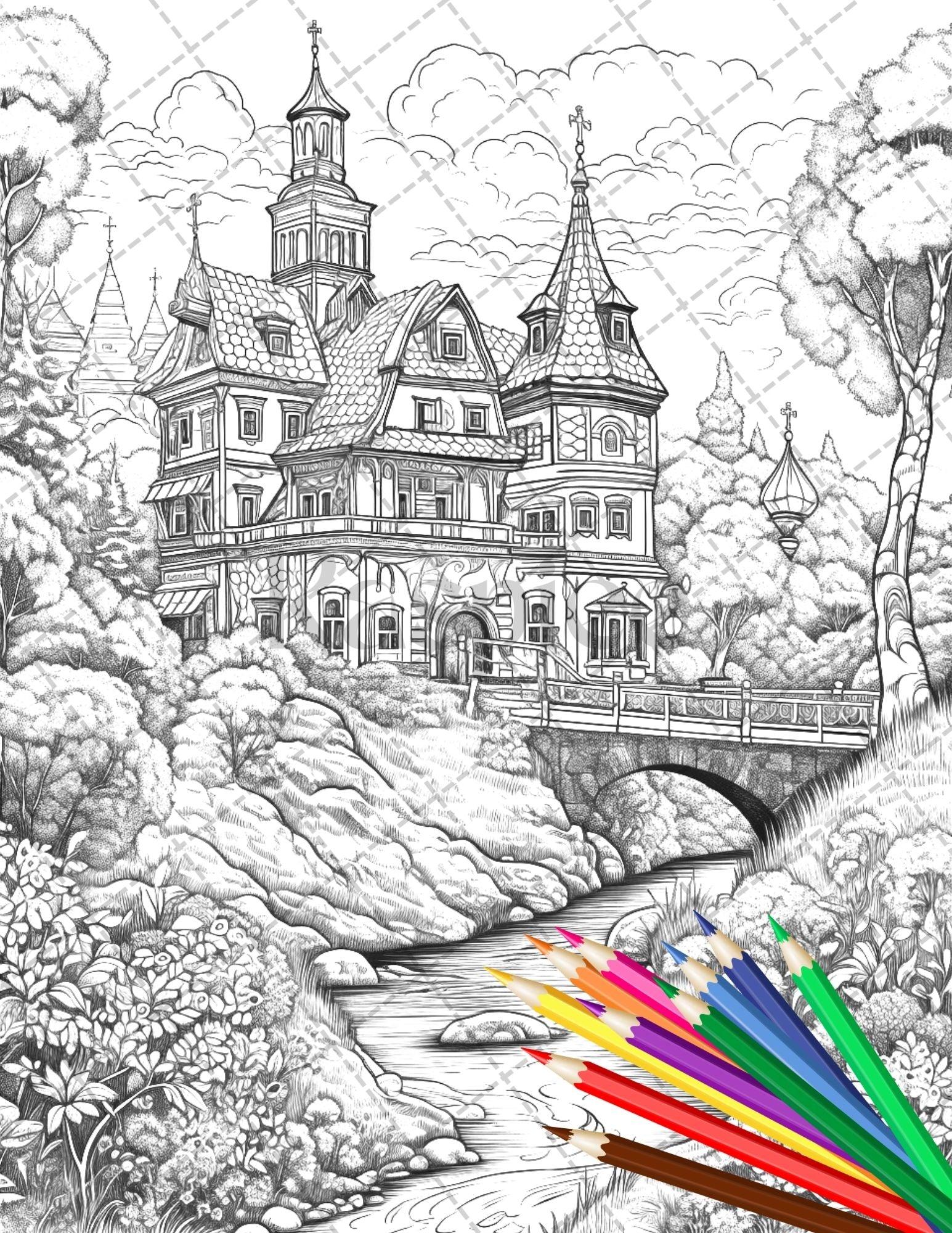 122 Fantasy Castles Coloring Book for Adults, Grayscale Coloring Page, Printable PDF Instant Download