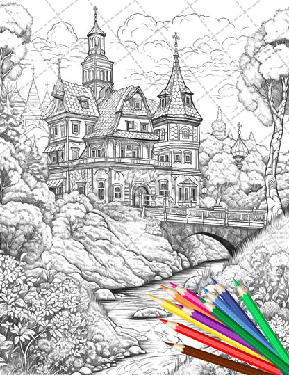 122 Fantasy Castles Coloring Book for Adults, Grayscale Coloring Page, Printable PDF Instant Download