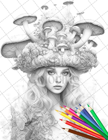50 Mushroom Fairy Grayscale Coloring Pages Printable for Adults, PDF File Instant Download