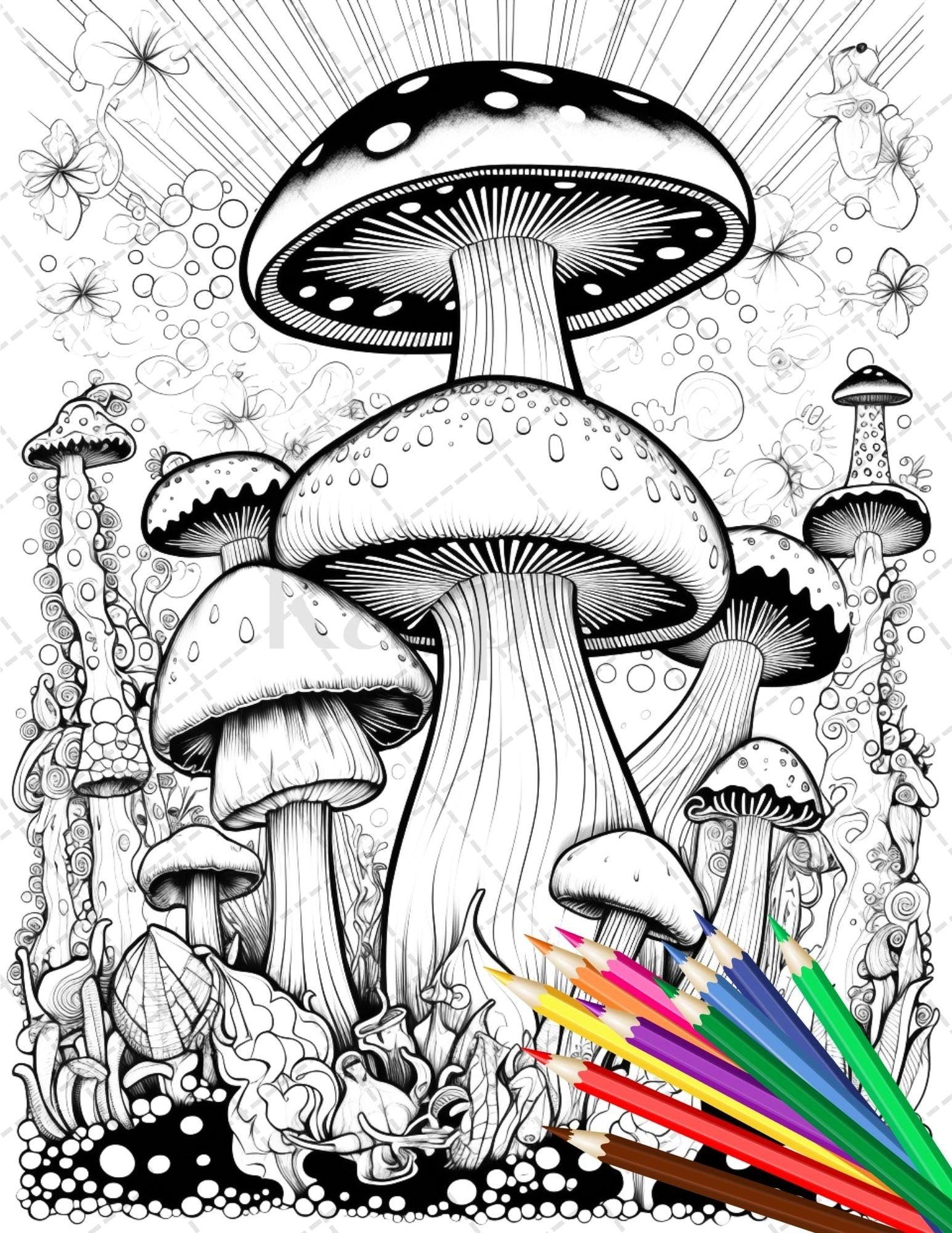 Psychedelic Mushroom Forest Coloring Book Printable for Adults, Trippy Grayscale Coloring Page, PDF File Instant Download