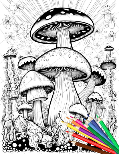 Psychedelic Mushroom Forest Coloring Book Printable for Adults, Trippy Grayscale Coloring Page, PDF File Instant Download