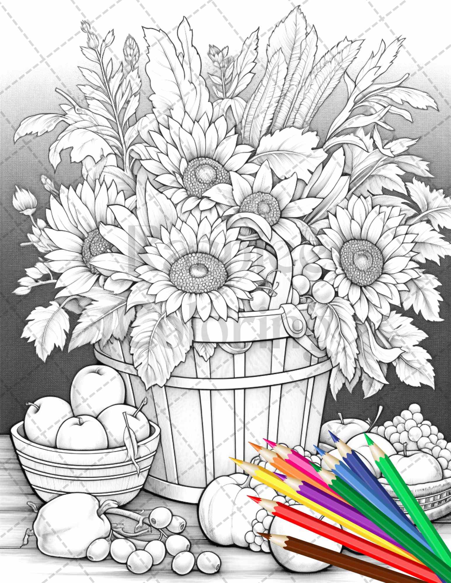 Autumn Harvest Grayscale Coloring Pages Printable for Adults, Relaxing Fall Themed Art, PDF File Instant Download