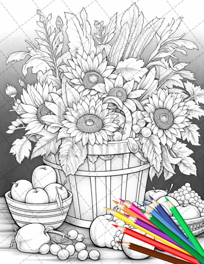 Autumn Harvest Grayscale Coloring Pages Printable for Adults, Relaxing Fall Themed Art, PDF File Instant Download