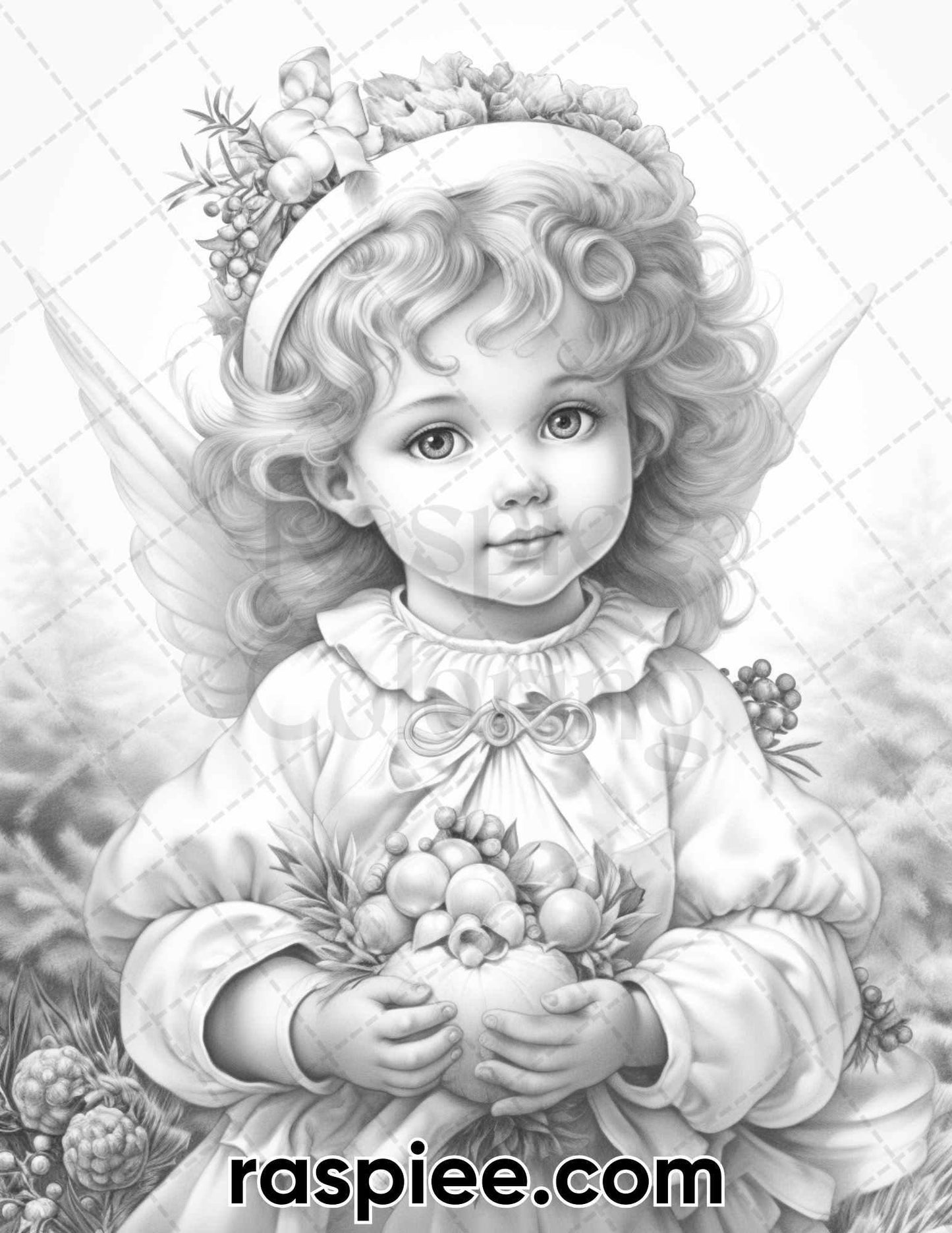 55 Christmas Angel Grayscale Coloring Pages for Adults, Printable PDF Instant Download