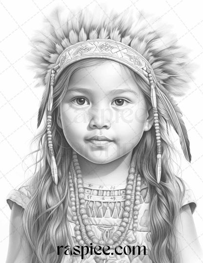 50 Native American Little Girls Boys Grayscale Coloring Pages Printable for Adults Kids, PDF File Instant Download
