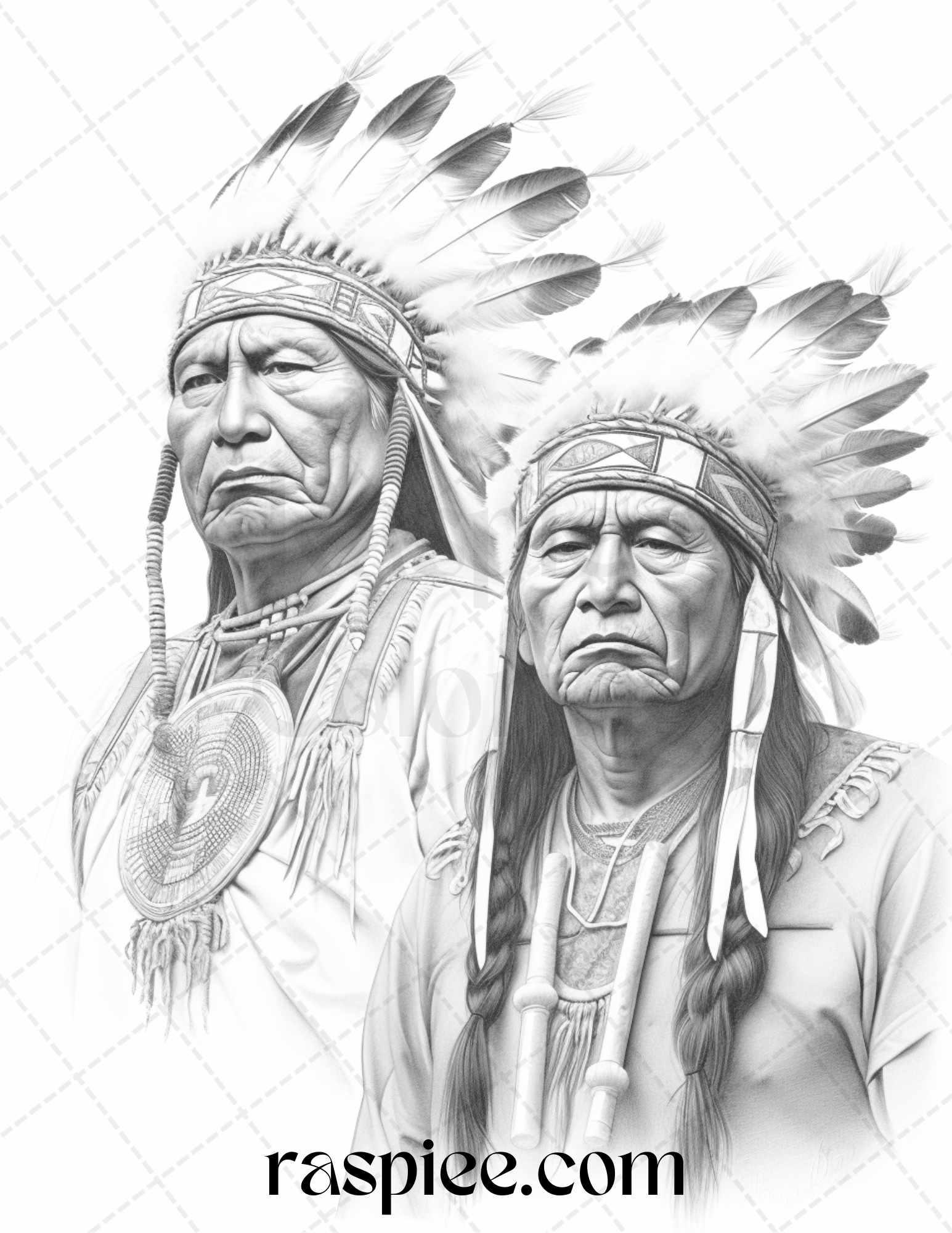 Native American Portrait Grayscale Coloring Pages Printable for Adults, PDF File Instant Download