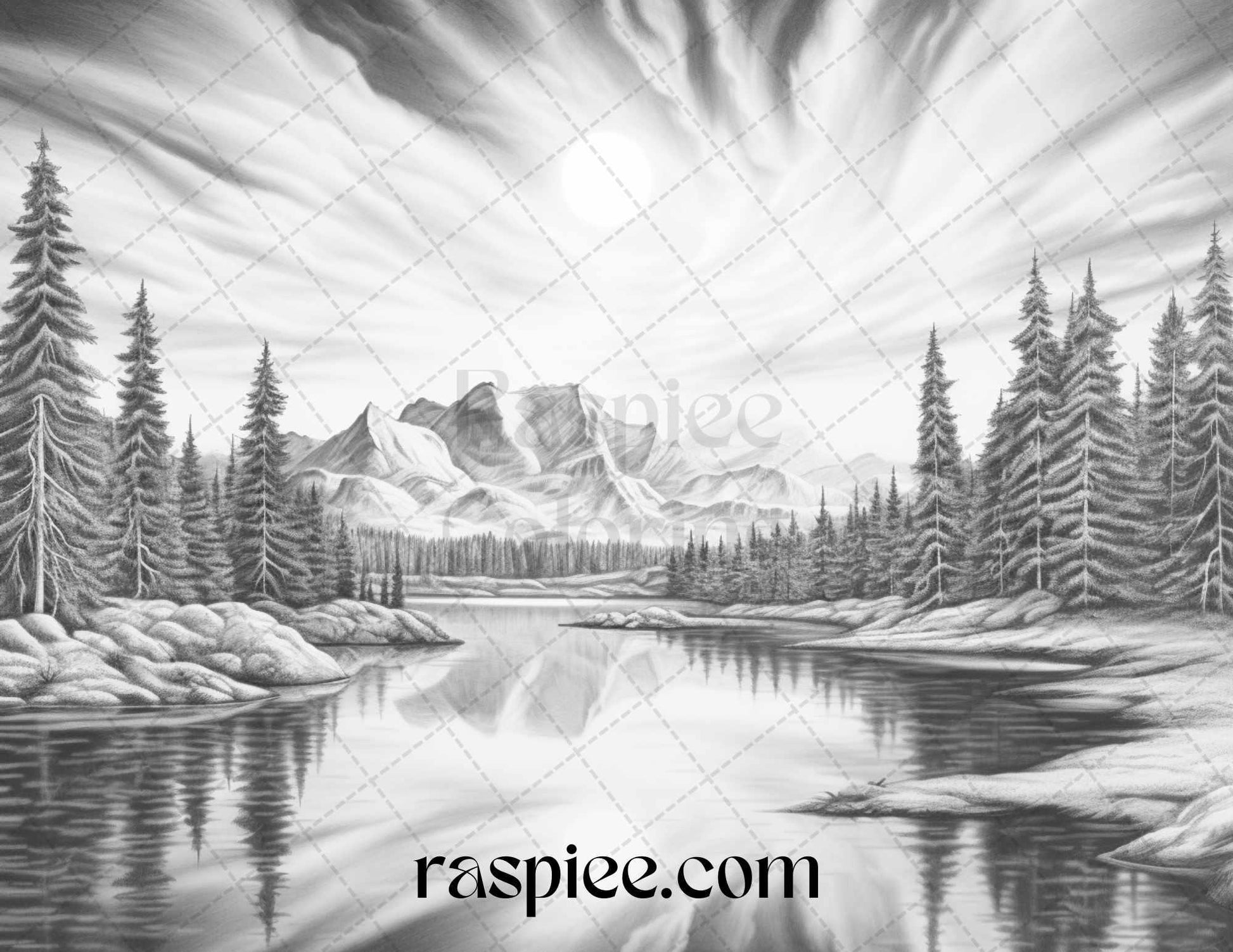 Aurora Borealis Landscape Grayscale Coloring Pages for Adults, Printable PDF File Instant Download