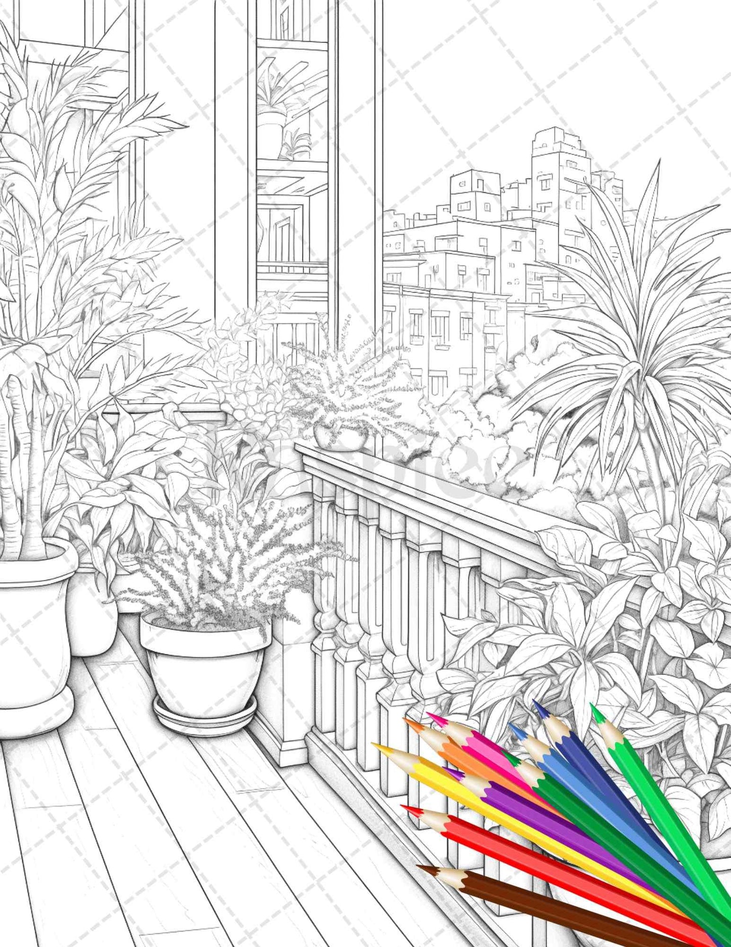 Charming Balcony Garden Grayscale Coloring Pages Printable for Adults, PDF File Instant Download