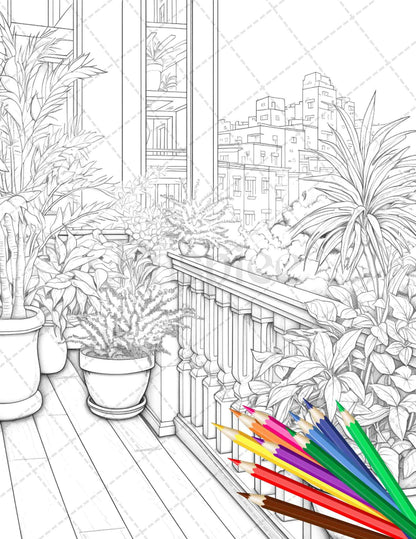 Charming Balcony Garden Grayscale Coloring Pages Printable for Adults, PDF File Instant Download