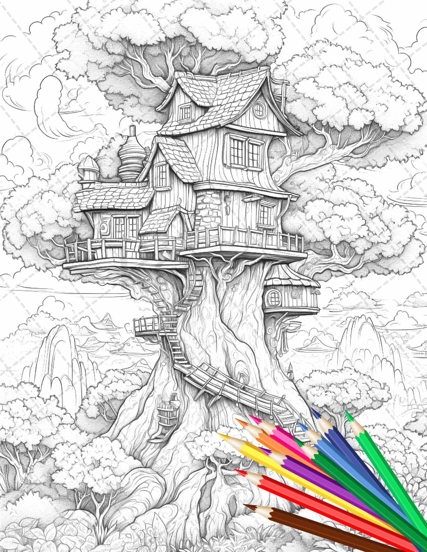 110 Enchanted Treehouse Coloring Book Printable for Adults, Grayscale Coloring Page, PDF File Instant Download