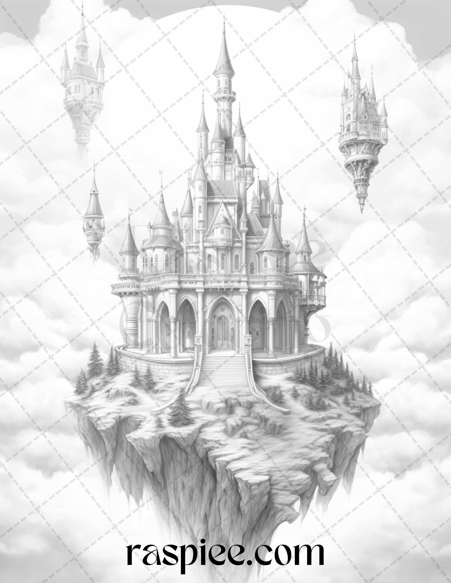 Floating Castle in the Sky Grayscale Coloring Pages for Adults, Printable PDF File Instant Download
