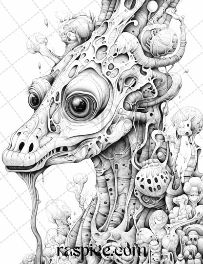 53 Surreal Creatures Grayscale Coloring Pages for Adults, Printable PDF File Instant Download