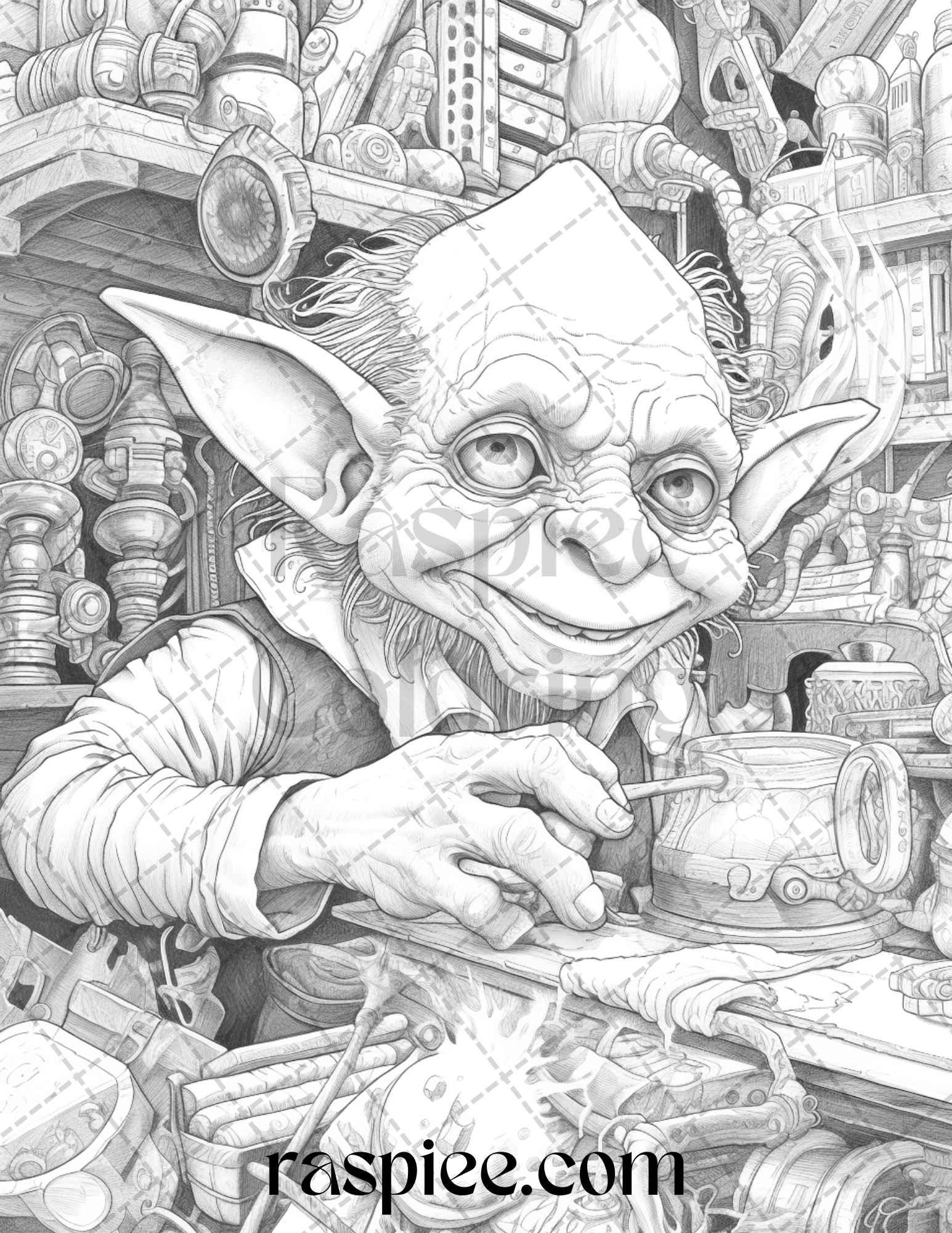 Fantasy Goblins Grayscale Coloring Pages Printable for Adults, PDF File Instant Download