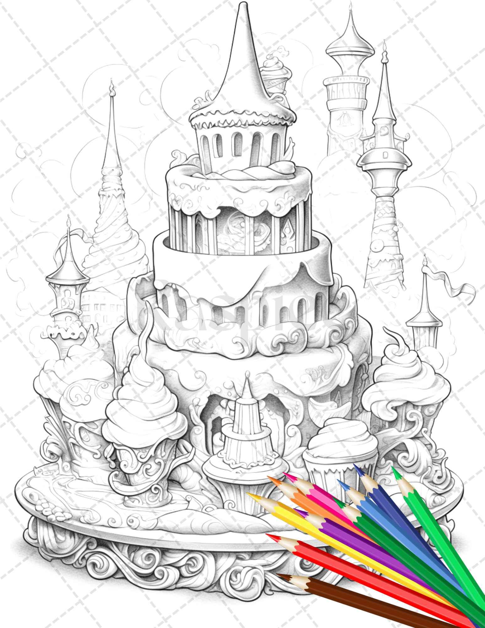 38 Whimsical Cakes Grayscale Coloring Pages for Adults, PDF File Instant Download