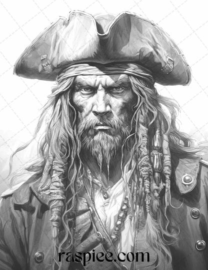 60 Pirate Life Grayscale Coloring Pages Printable for Adults, Stress Relief Coloring, PDF File Instant Download