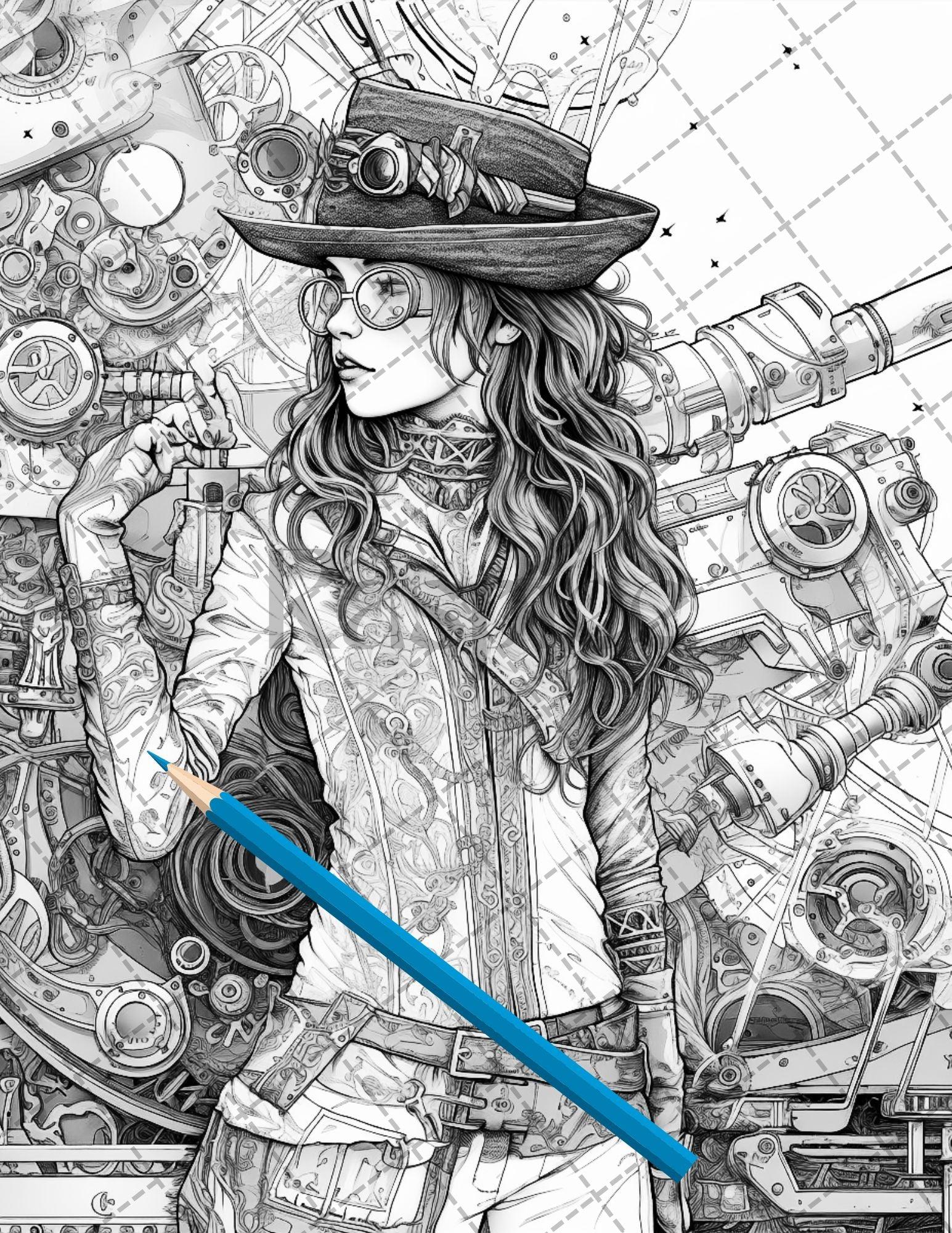 30 Steampunk Girls Coloring Pages Printable for Adults, Victorian Inspired Adult Grayscale Coloring Book, PDF File Download