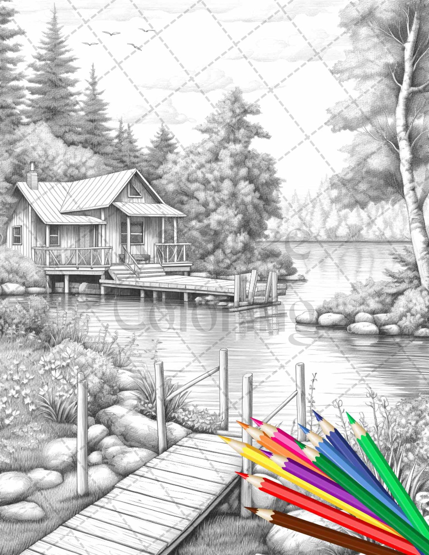 Lake Cabin Scenery Grayscale Coloring Pages Printable for Adults, PDF File Instant Download