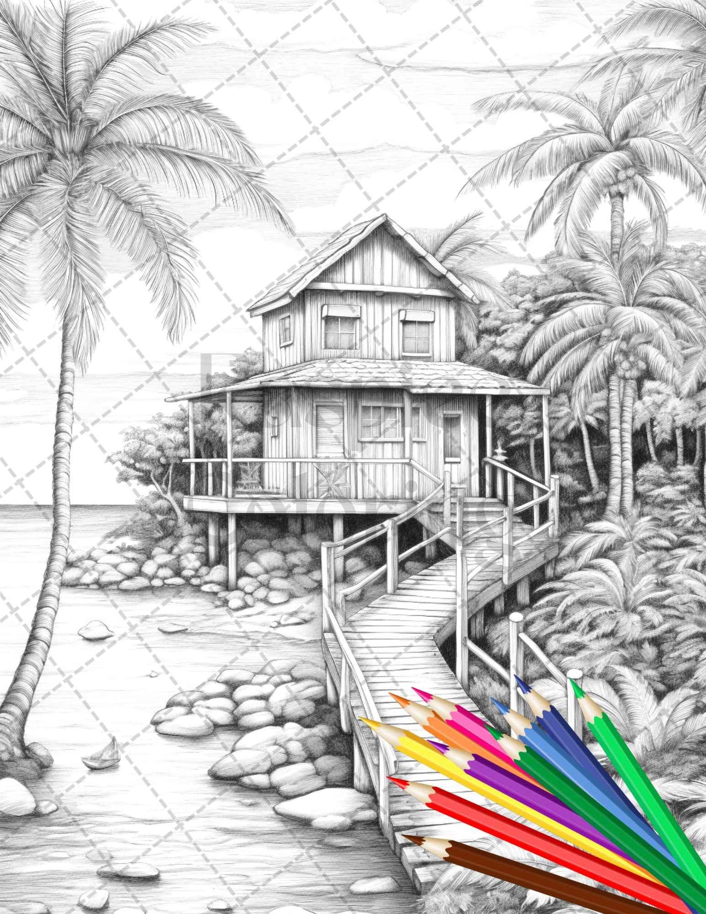 Beautiful Tropical Beach Grayscale Coloring Pages Printable for Adults, PDF File Instant Download