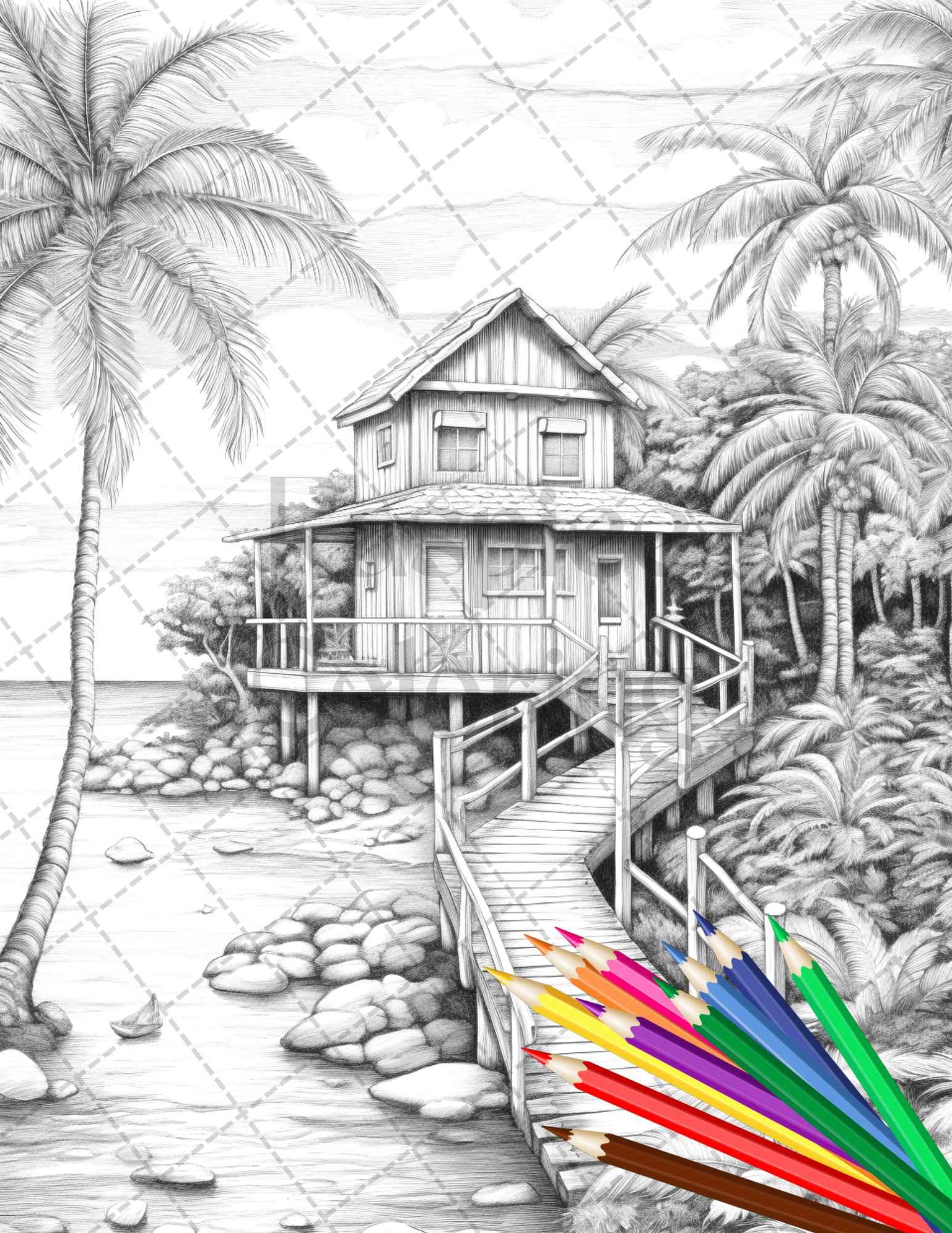 Beautiful Tropical Beach Grayscale Coloring Pages Printable for Adults, PDF File Instant Download