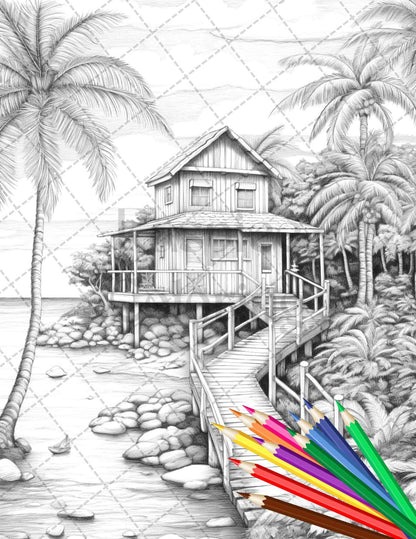 Beautiful Tropical Beach Grayscale Coloring Pages Printable for Adults, PDF File Instant Download