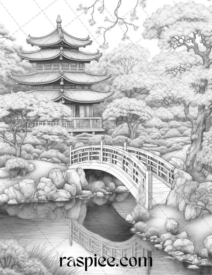 Japanese Garden Grayscale Coloring Pages Printable for Adults, PDF File Instant Download