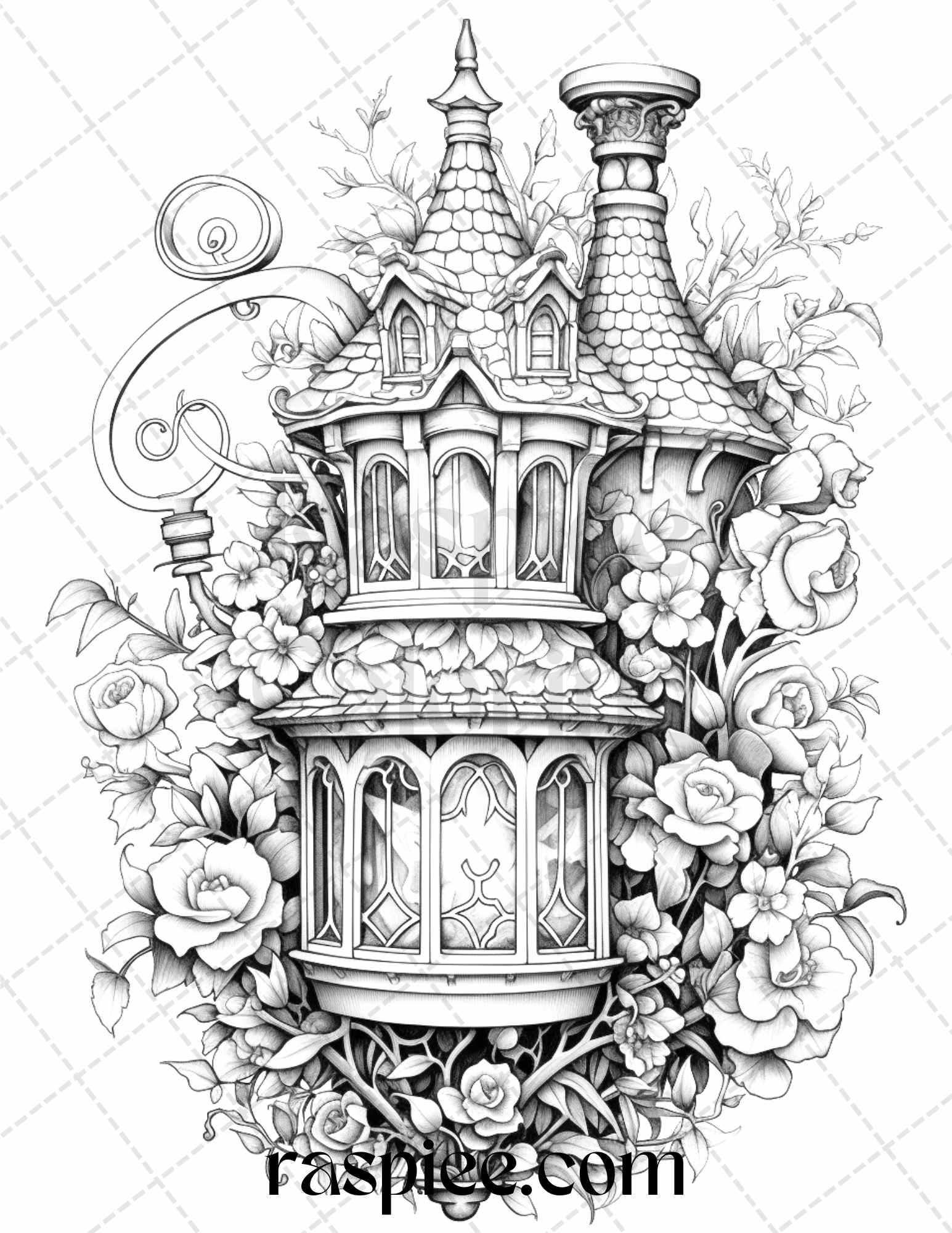 50 Lantern Fairy Houses Grayscale Coloring Pages Printable for Adults, PDF File Instant Download