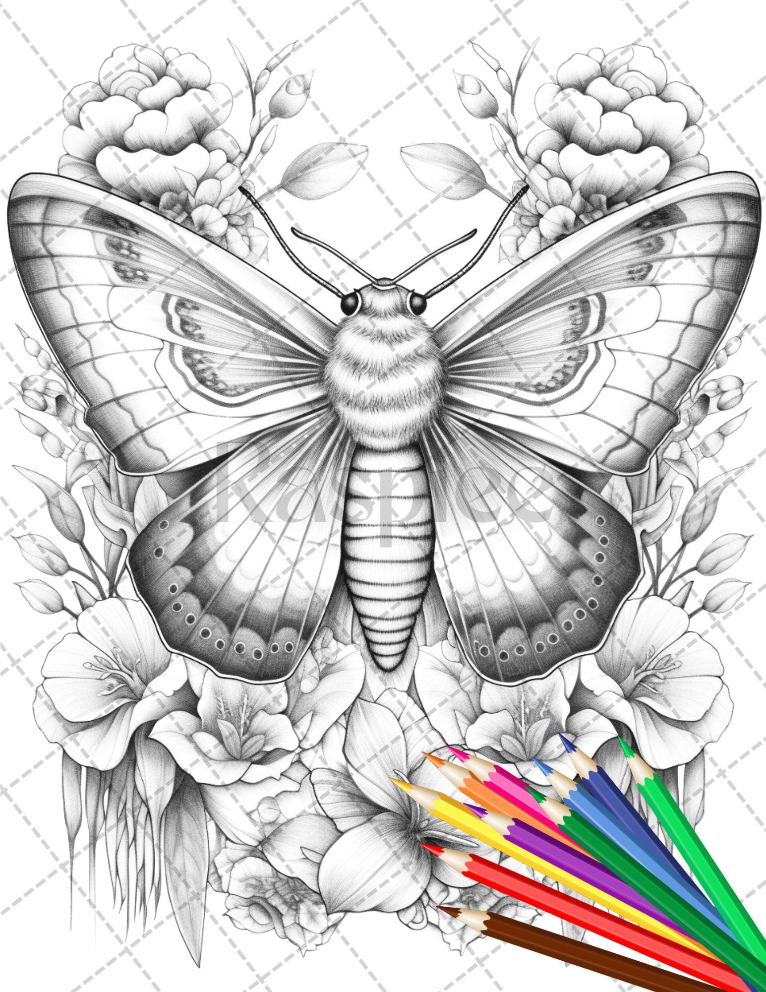 32 Beautiful Moths and Floral Coloring Book for Adults, Grayscale Coloring Page, Printable PDF Instant Download