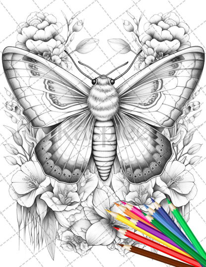 32 Beautiful Moths and Floral Coloring Book for Adults, Grayscale Coloring Page, Printable PDF Instant Download