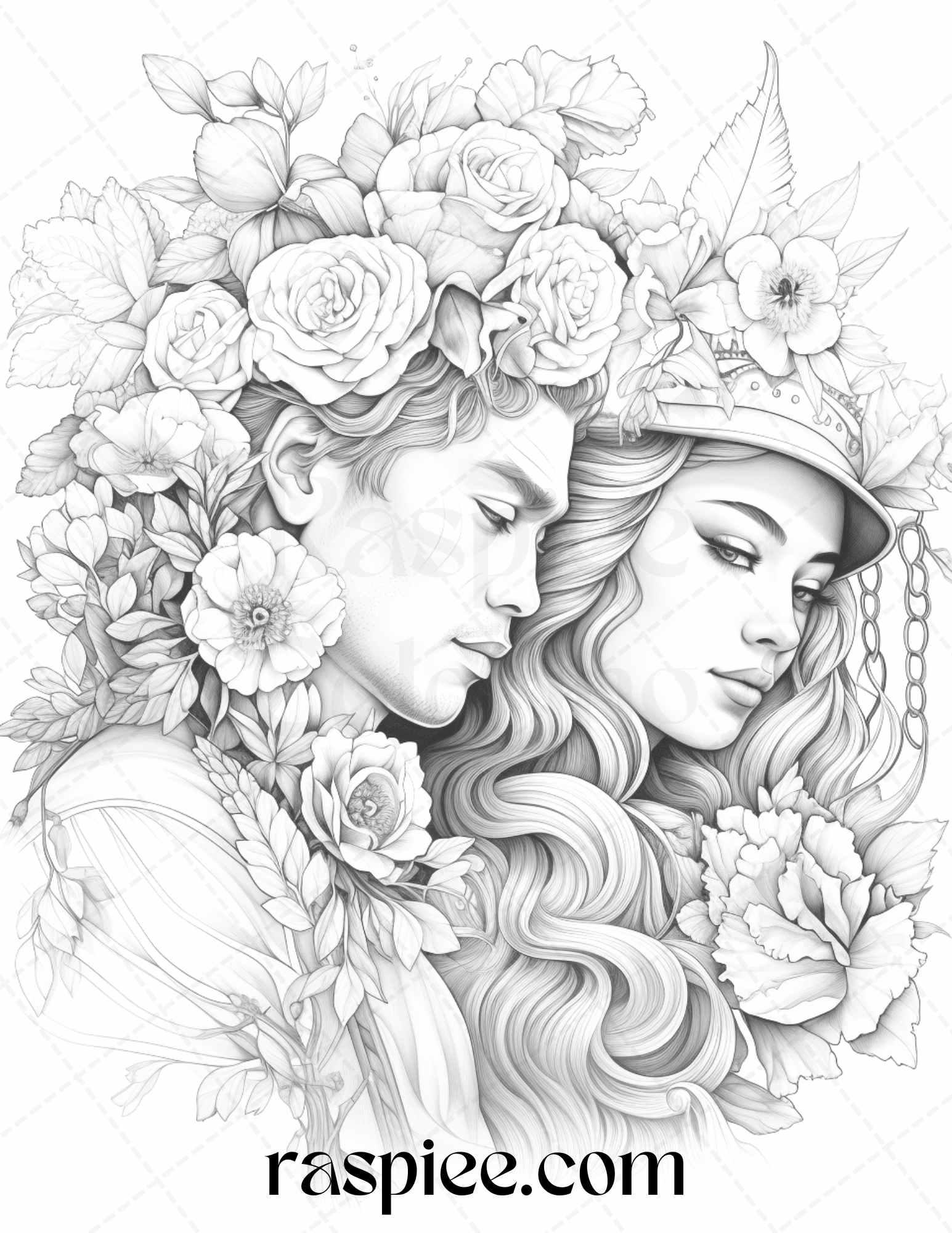 50 Romantic Couple Flowers Grayscale Coloring Pages Printable for Adults, PDF File Instant Download