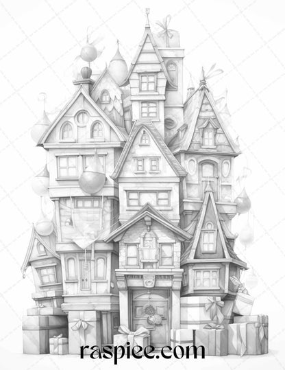 40 Adorable Gift Box Houses Grayscale Coloring Pages Printable for Adults Kids, PDF File Instant Download