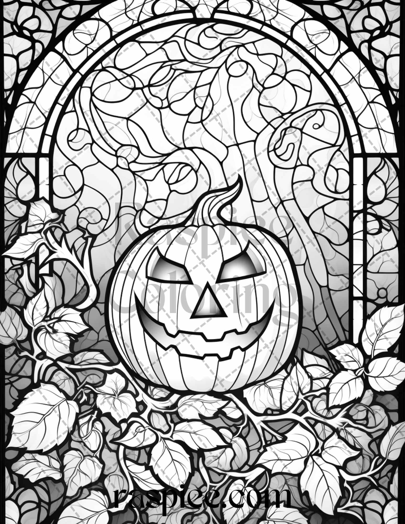 70 Halloween Stained Glass Grayscale Coloring Pages Printable for Adults, PDF File Instant Download