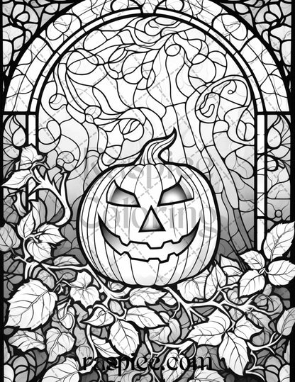 70 Halloween Stained Glass Grayscale Coloring Pages Printable for Adults, PDF File Instant Download
