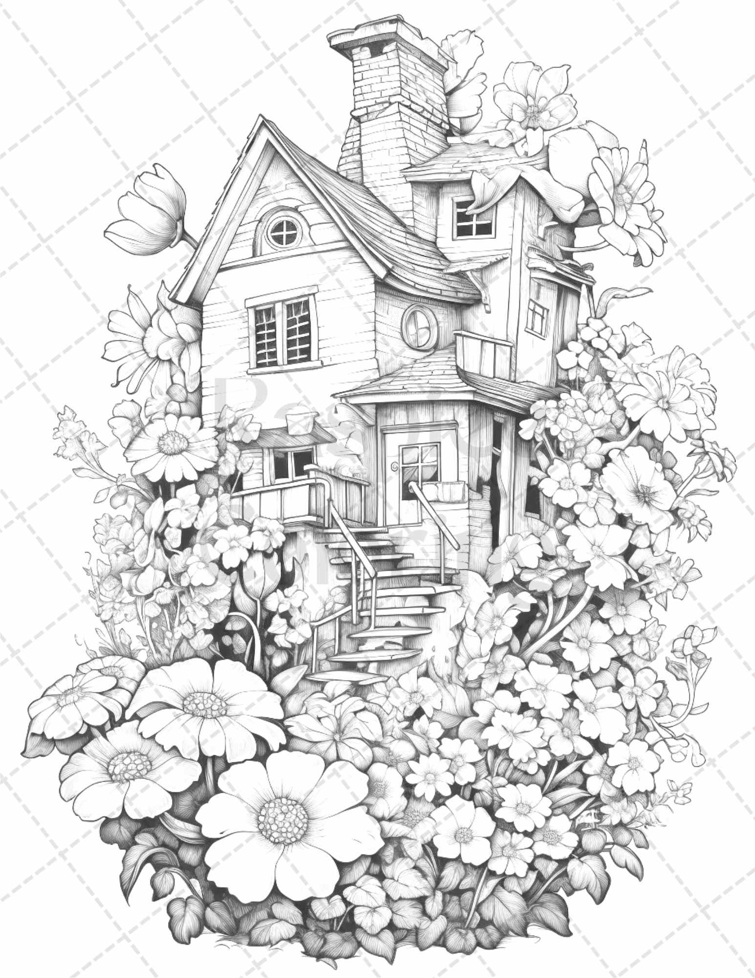 60 Flower Houses Grayscale Coloring Pages Printable for Adults, PDF File Instant Download