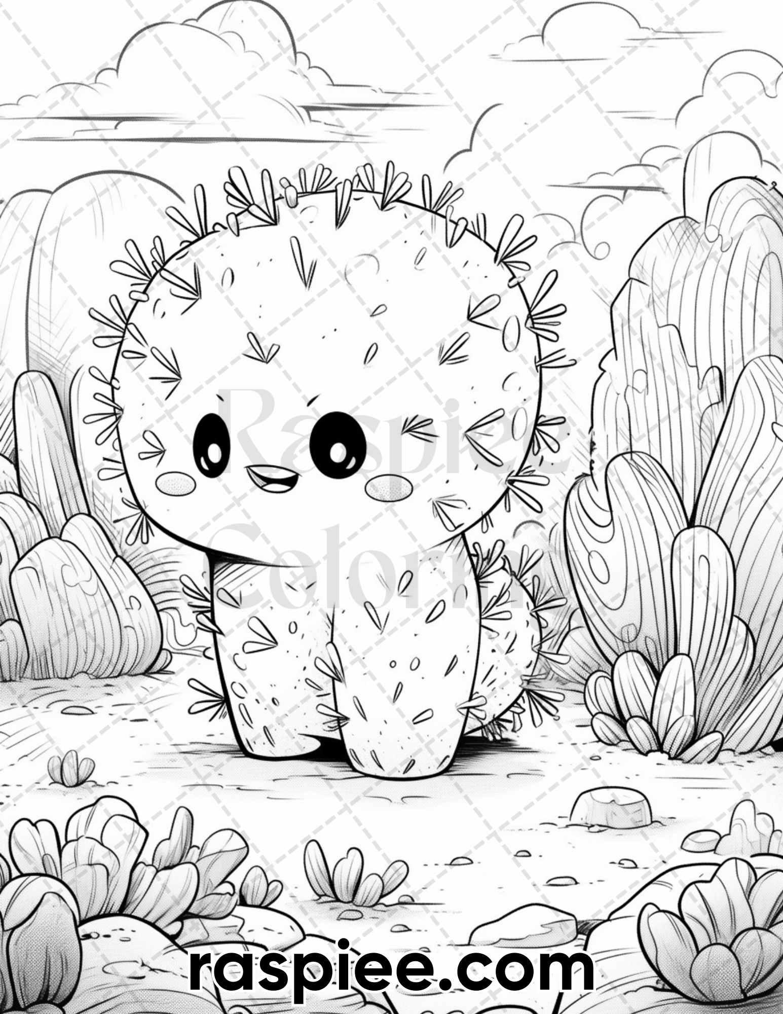 60 Cute Cactus Adventure Grayscale Coloring Pages for Adults, Printable PDF Instant Download