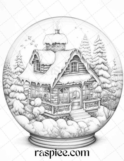 Cozy Cabin in Snow Globe Grayscale Coloring Pages Printable for Adults, PDF File Instant Download