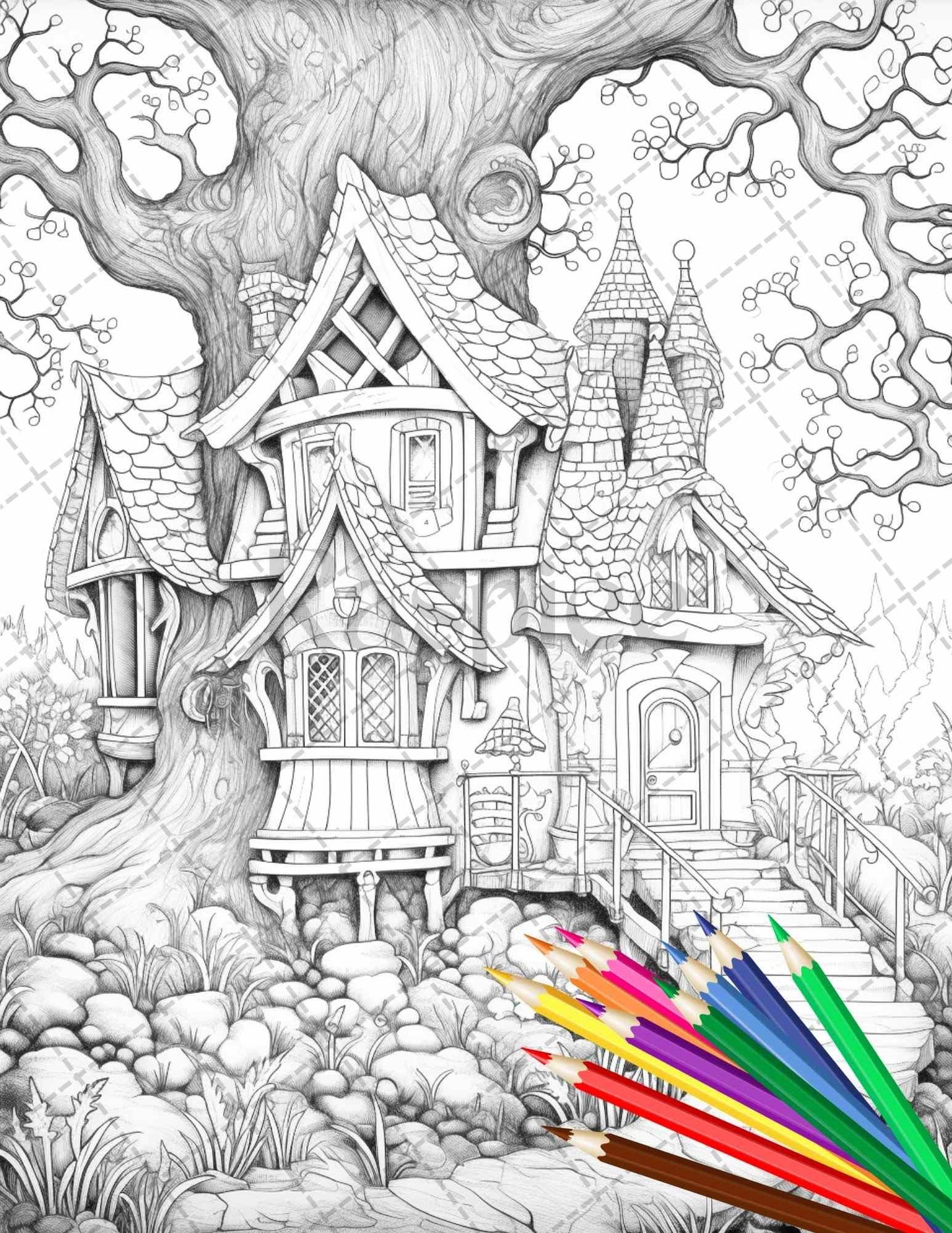 63 Winter Fairy Houses Grayscale Coloring Pages Printable for Adults, PDF File Instant Download