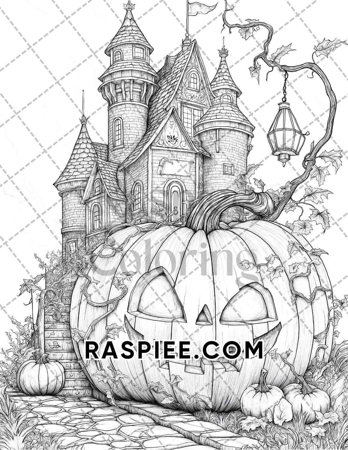 Fantasy Giant Pumpkin Castles Adult Coloring Pages Printable PDF Instant Download
