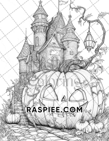 Fantasy Giant Pumpkin Castles Adult Coloring Pages Printable PDF Instant Download