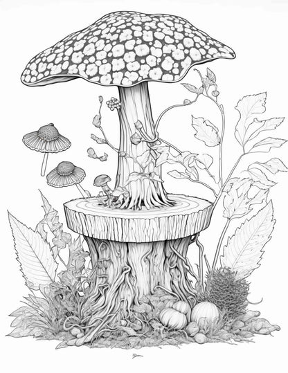 100 Mushroom Forest Coloring Pages Printable for Adults and Kids, Grayscale Coloring Book, Printable PDF File Instant Download