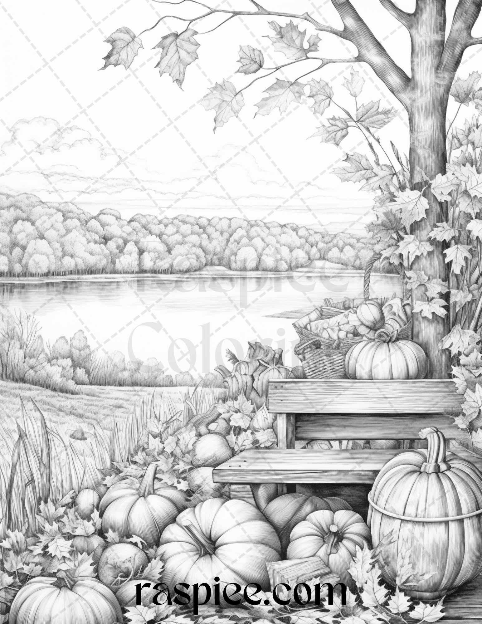 Autumn Scenery Grayscale Coloring Pages Printable for Adults, PDF File Instant Download