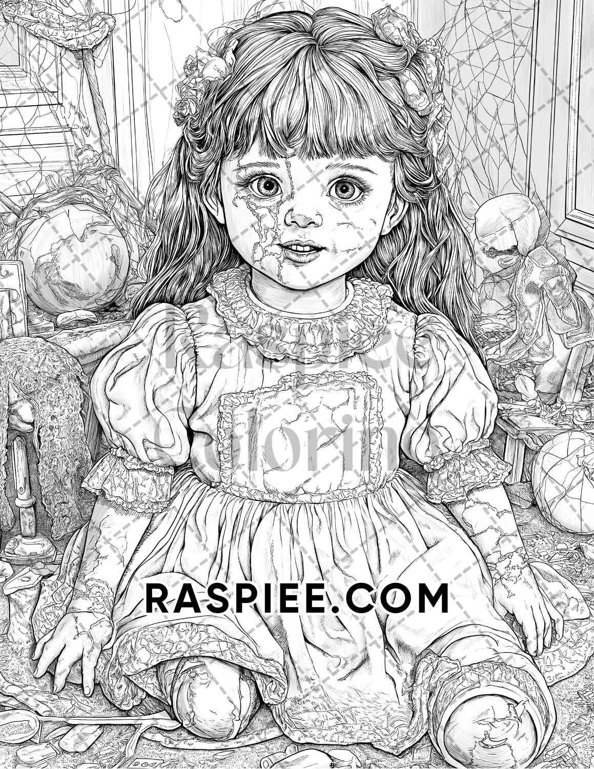 Haunted Dolls Halloween Horror Adult Coloring Pages Printable PDF Instant Download