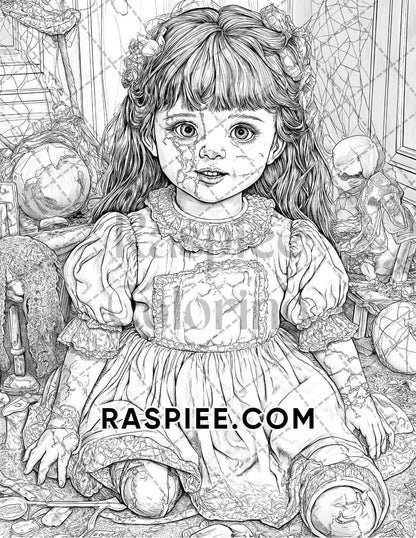 Haunted Dolls Halloween Horror Adult Coloring Pages Printable PDF Instant Download